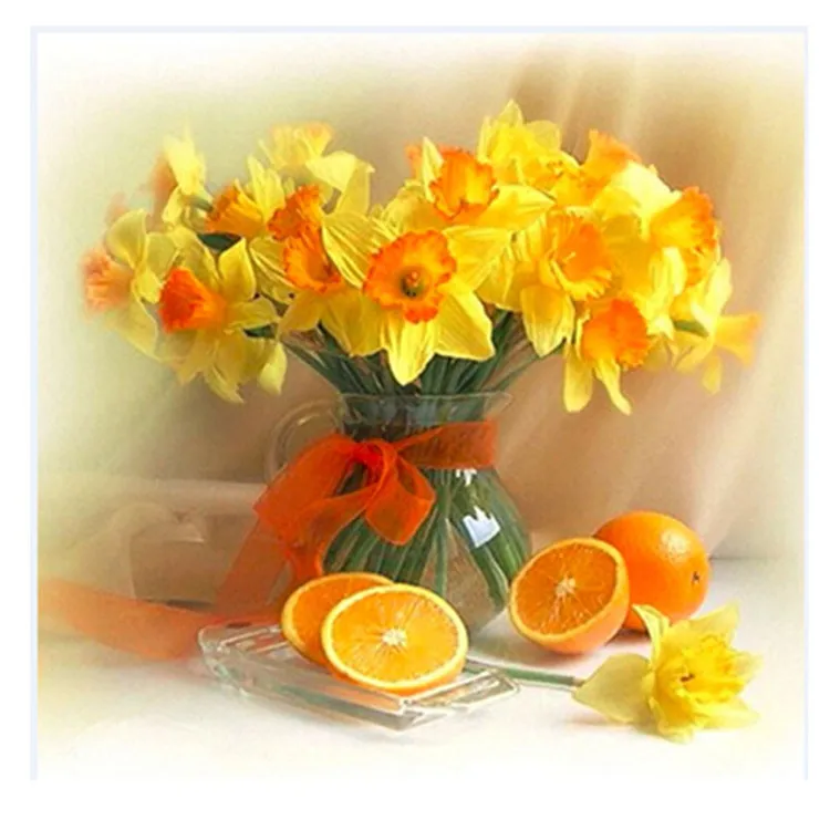 Yellow flower in glass and orange fruit painting on canvas