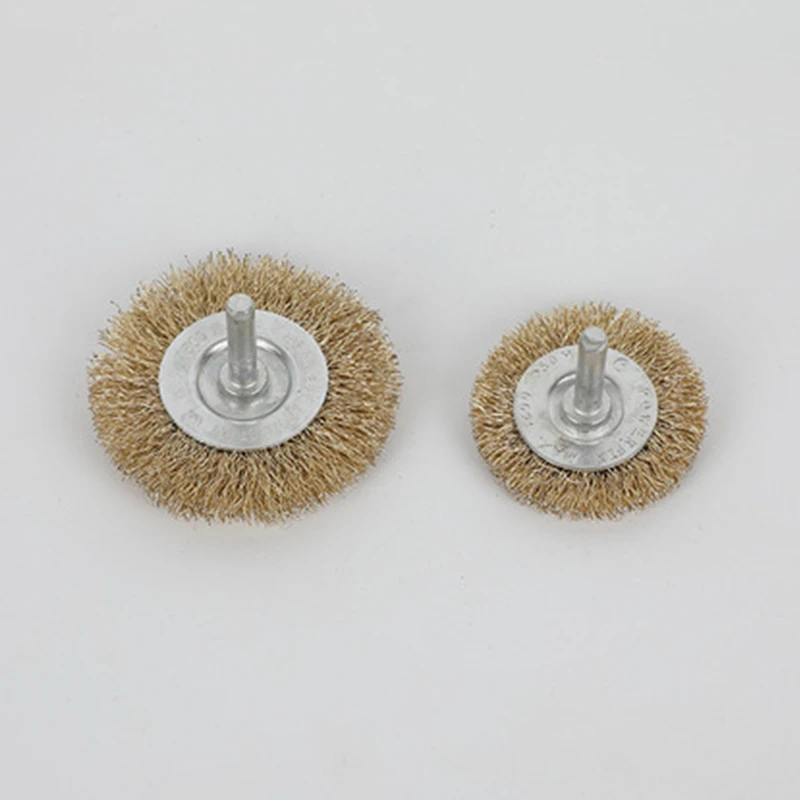 Shanghai Wholesale Flat Copper Coated Round Crimped Steel Wire Brush Wheel with 6mm Shaft for