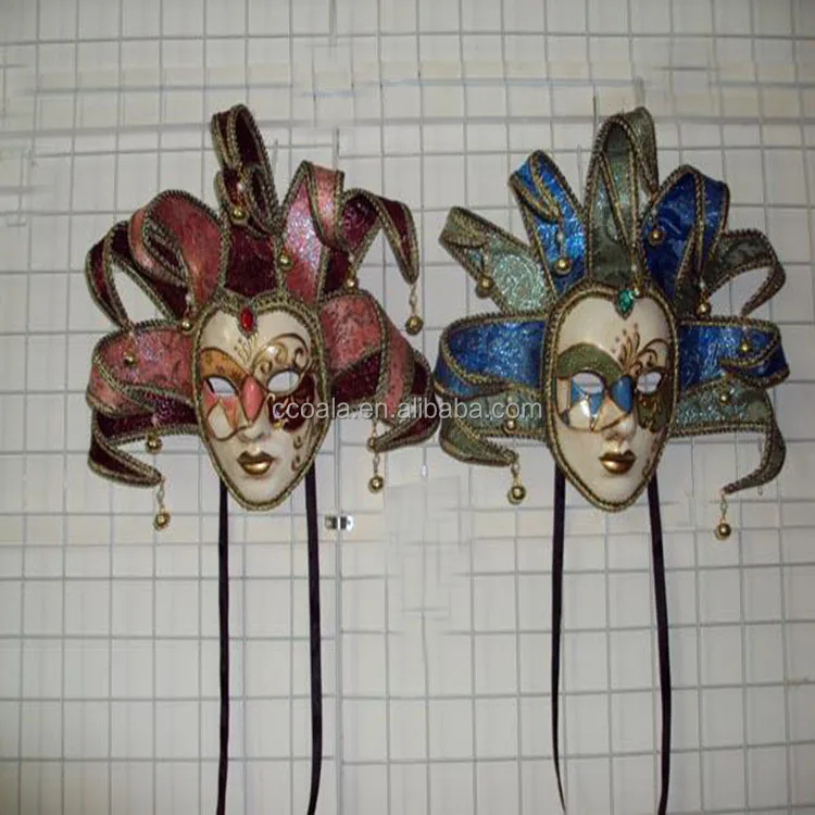 Hand Painted Full Face Jester Jolly Joker Pink Venetian Masquerade Wall Mask Carnival Costume Mask With Bells Mardi Gras