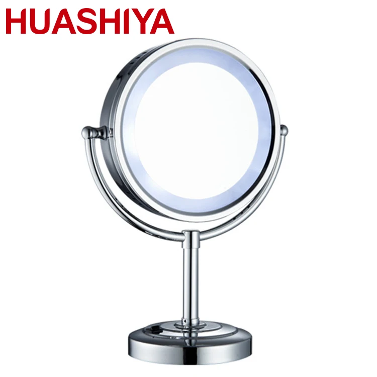 Fancy 2-face double sided LED standing table round makeup light shaving hotel beauty compact mirror with led lights