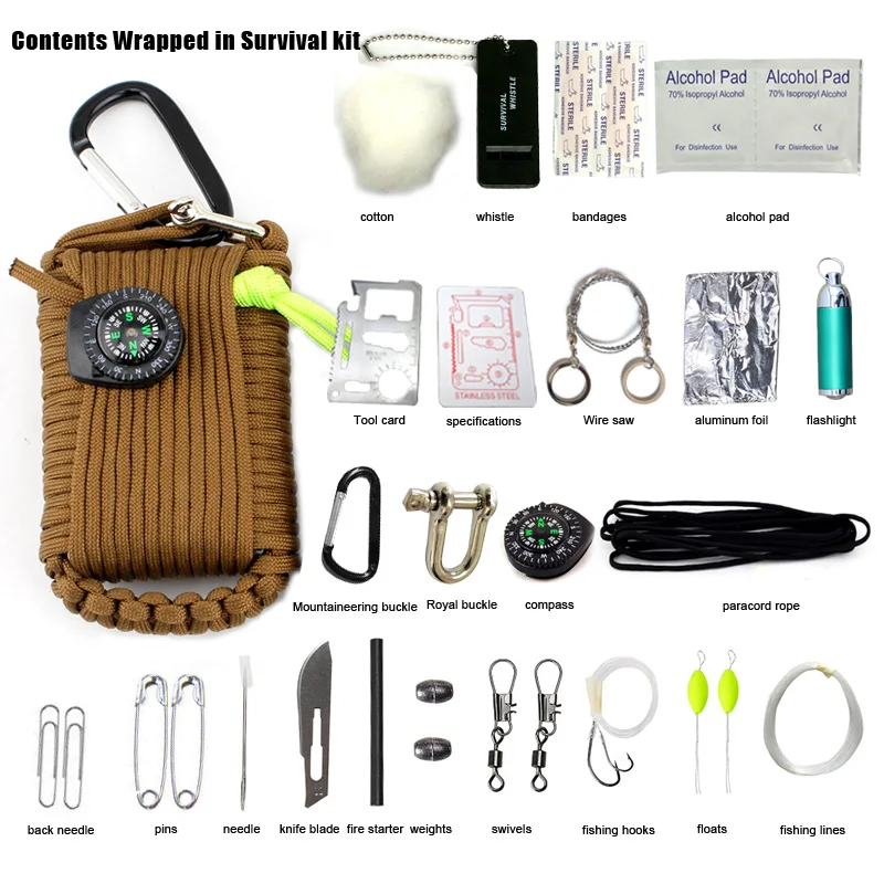 Outdoor Emergency survival kit camping hiking emergency Carabiner Survival Paracord survival kit tool bag