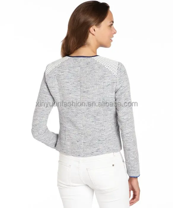 
Sexy Womens Leather Trim Cotton Tweed Jacket 