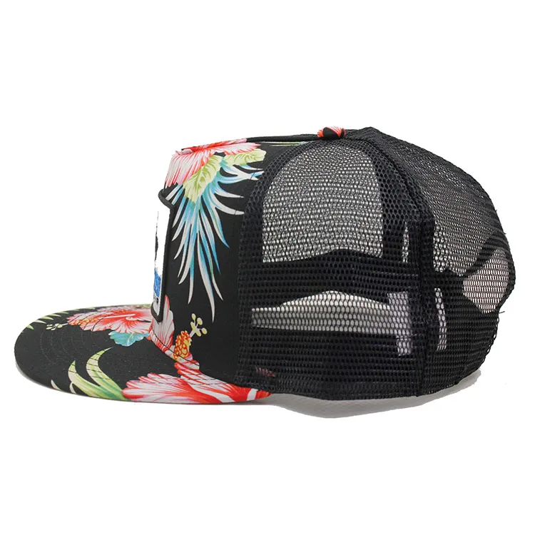 Custom floral fabric flat brim trucker cap hat with embroidery patch