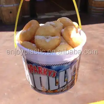 Custom logo impress Reusable 48 oz. Food packing Plastic Mini Donut Bucket with Handle for Sushi Dessert Coffee Ice Cream Salad