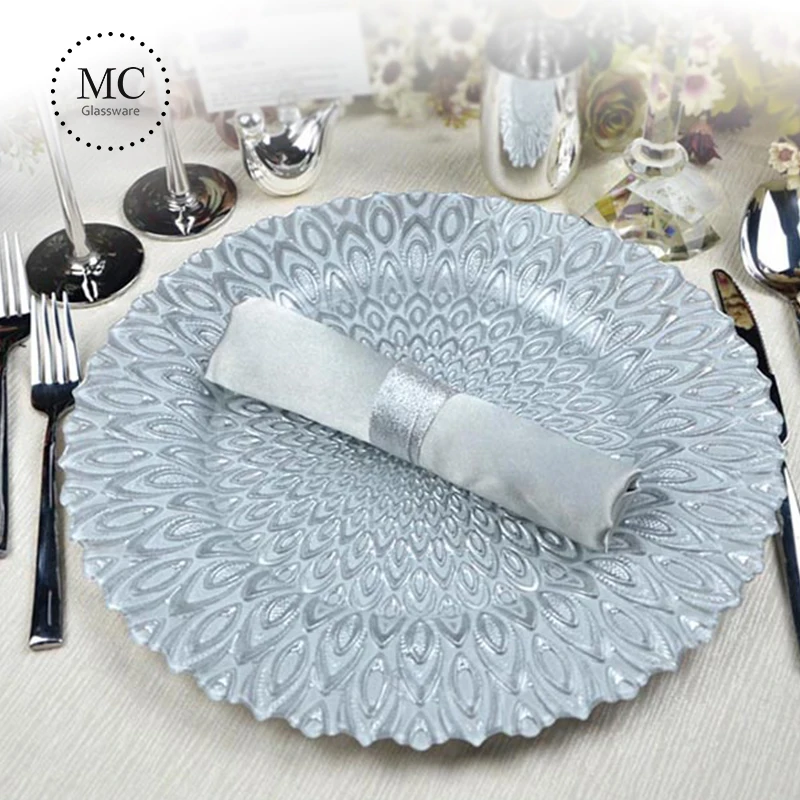 Fancy glass silver peacock charger plates decoration for wedding