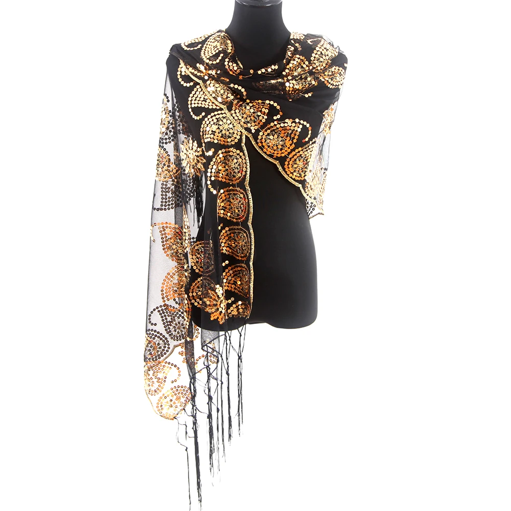 
OEM custom printed lace embroidery wedding sequin shawl scarf women 