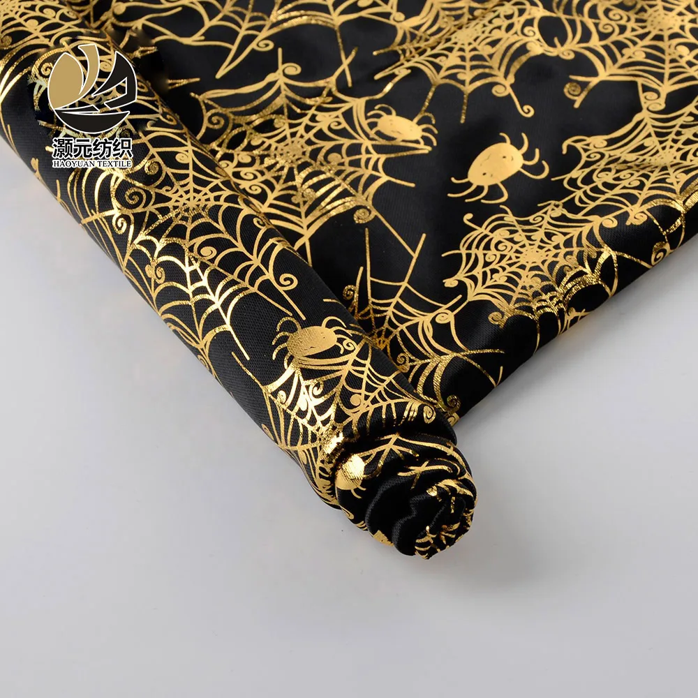 Customized gold shiny printed knitting bronzing fabric with cobweb pattern gold shiny fabric