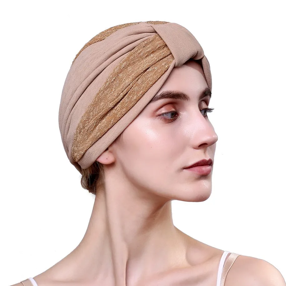 Autumn and winter new arrive turban headdress two-color mosaic folds muslim women bandana cap India arabic custom hair turban