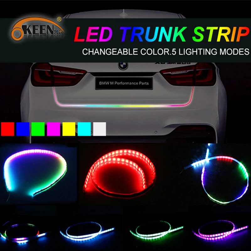 KEEN Colorful 12V 120cm Car LED trunk light 5050 RGB strip moving Flash Warning Turn Signal Lamp