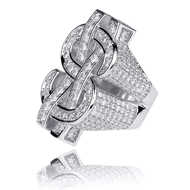 
New Arrival Iced Out Dollar Sign CZ Micro Pave Mens Gold Silver Ring 