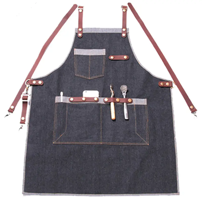 
Wholesale Black Denim Long Apron with Leather Strap adjustable apron for restaurant 