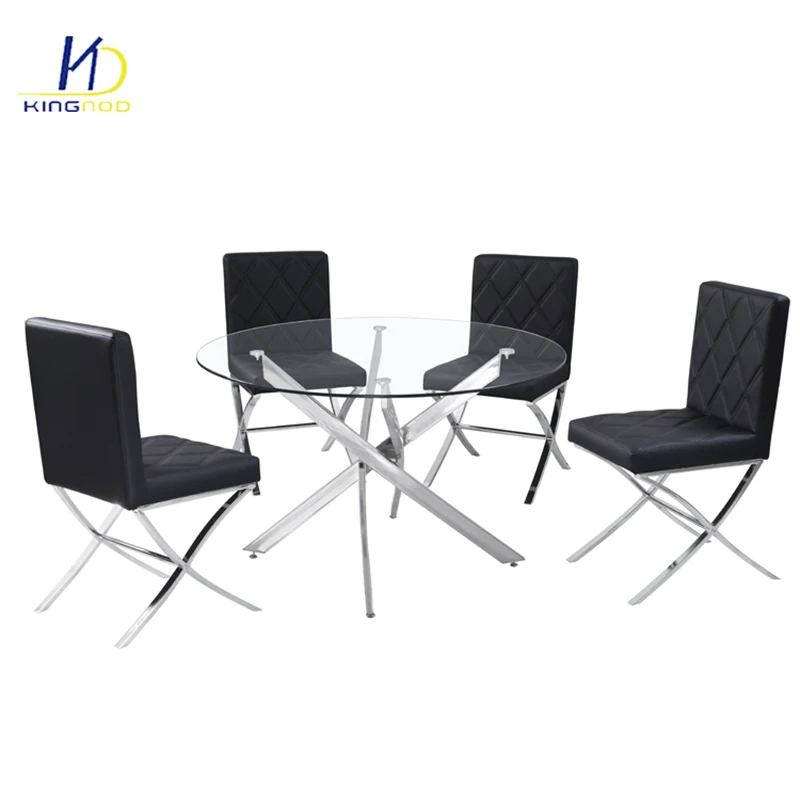 Factory Hot Sale Cheap Modern Glass Top Chromed Legs Dining Table Set
