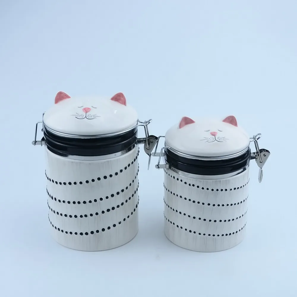 
China manufacturer cylindrical cat animal shaped ceramics canister for food 