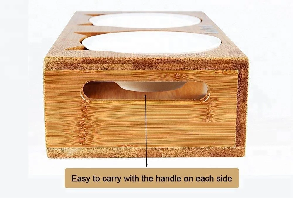
Bamboo Stand Raised Pet Feeder for Cat Dog Elevated Dog Cat Bowl 
