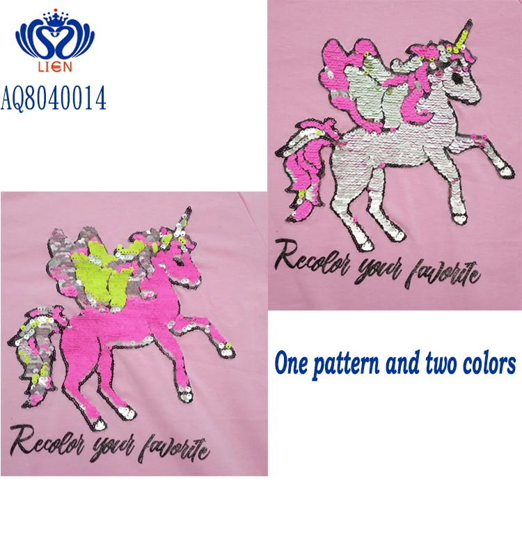 
Double side unicorn sequin patch prink kids summer shirt, flipping sequin little girls summer shirt, reversible sequin t-shirt 