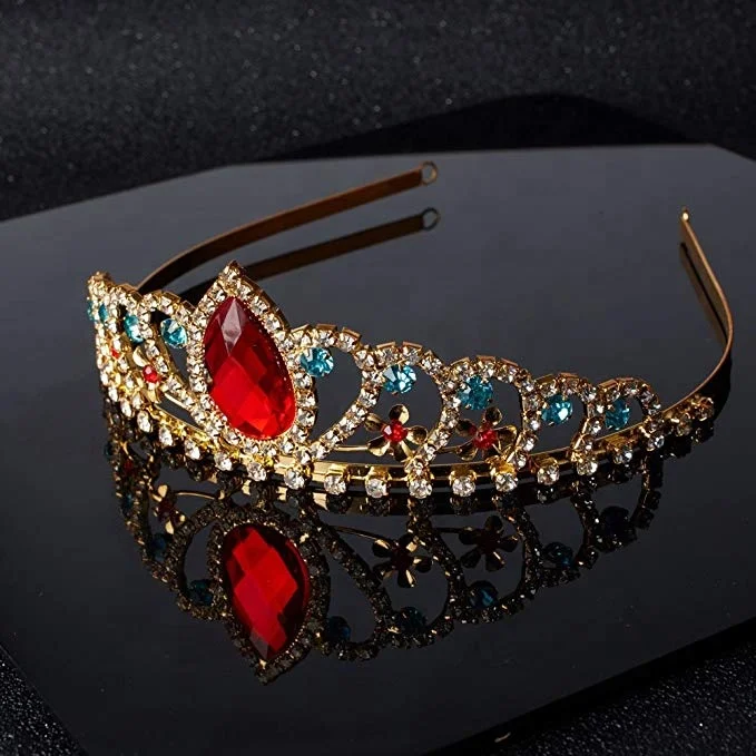 Gold Tiara Red Teardrop and Blue Crystal Decor Headband Rhinestone Crown Use for Princess Costume Girls Birthday Gift
