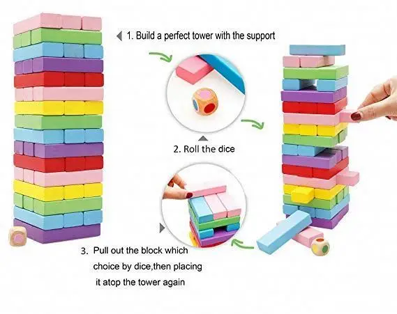 High quality educational colorful wooden building blocks tumbling tower toy kids domino games