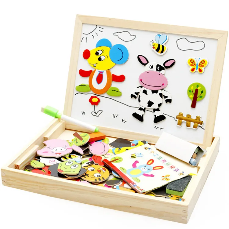 Hot Sale Educational Multi-function Wooden Easel Whiteboard Blackboard Kid Toy Cartoon Magnetic Puzzle
