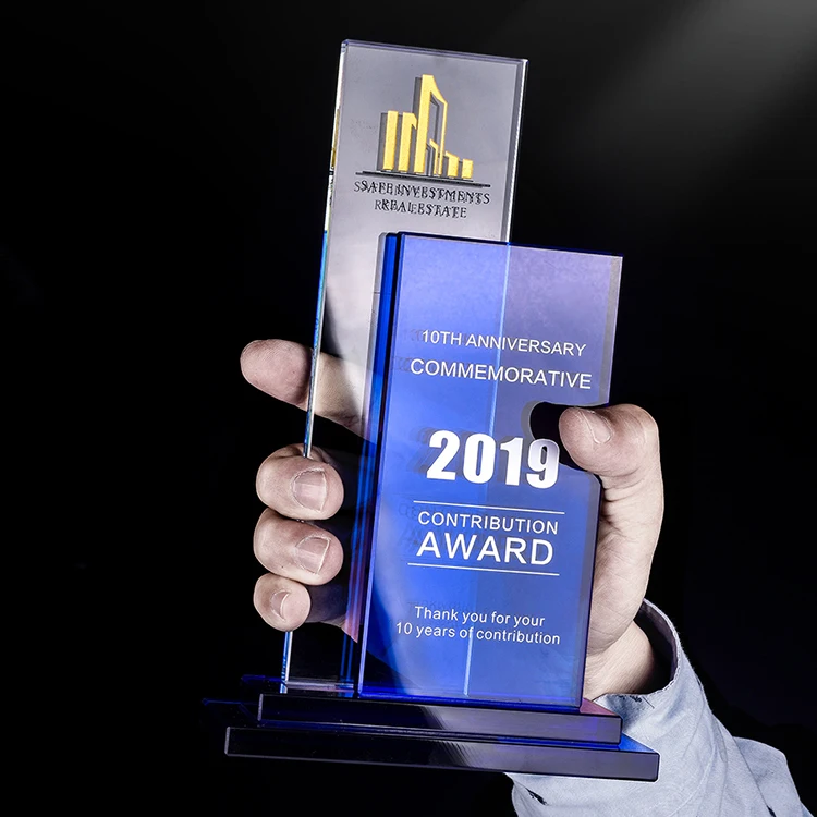 
Sandblasted two-layer glass awards crystal trophy for government gifts 