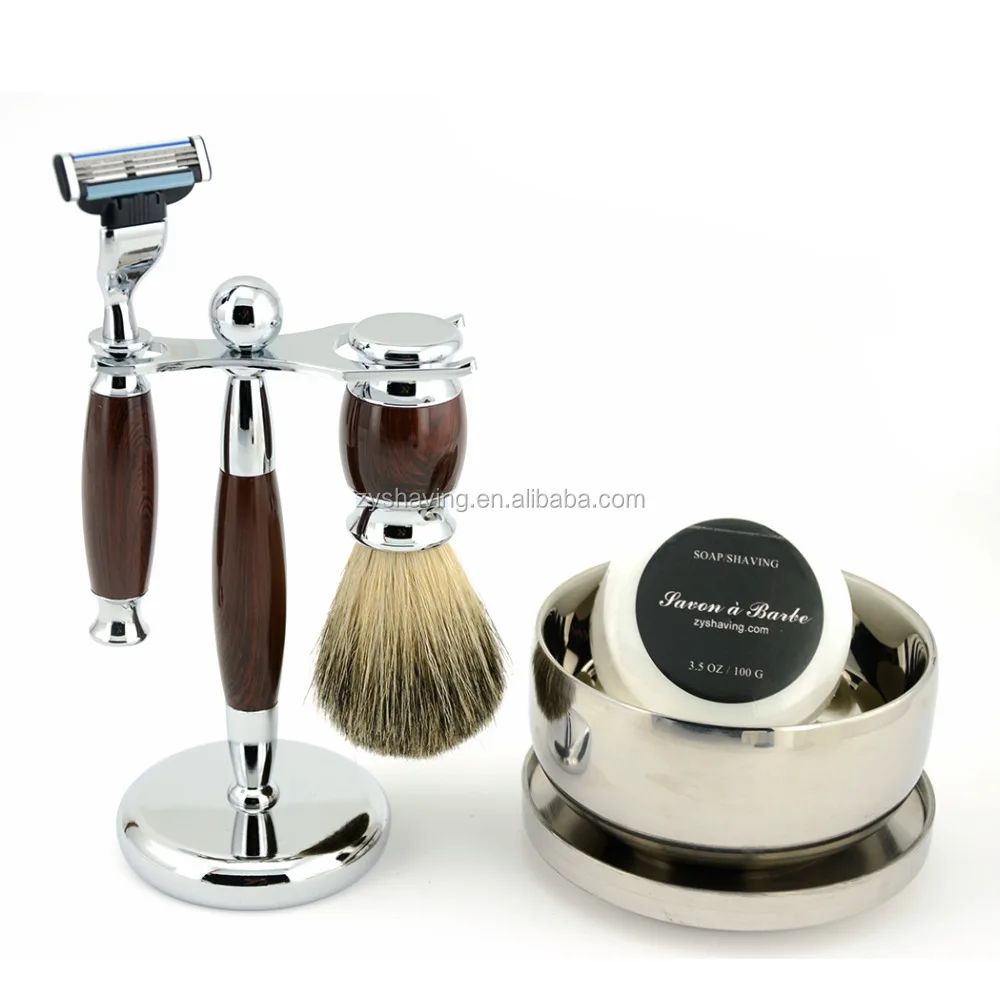 ZYshaving Hot Sale 5in1  HIgh Quality Badger Hair Mens Stand Badger Hair Brush Safety Razor Soap Bowl Barber Shaving Set