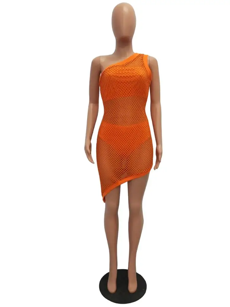 FM-CM554 Sexy Sleeveless one shoulder collar Asymmetrical hollow out Mesh perspective Club Dress