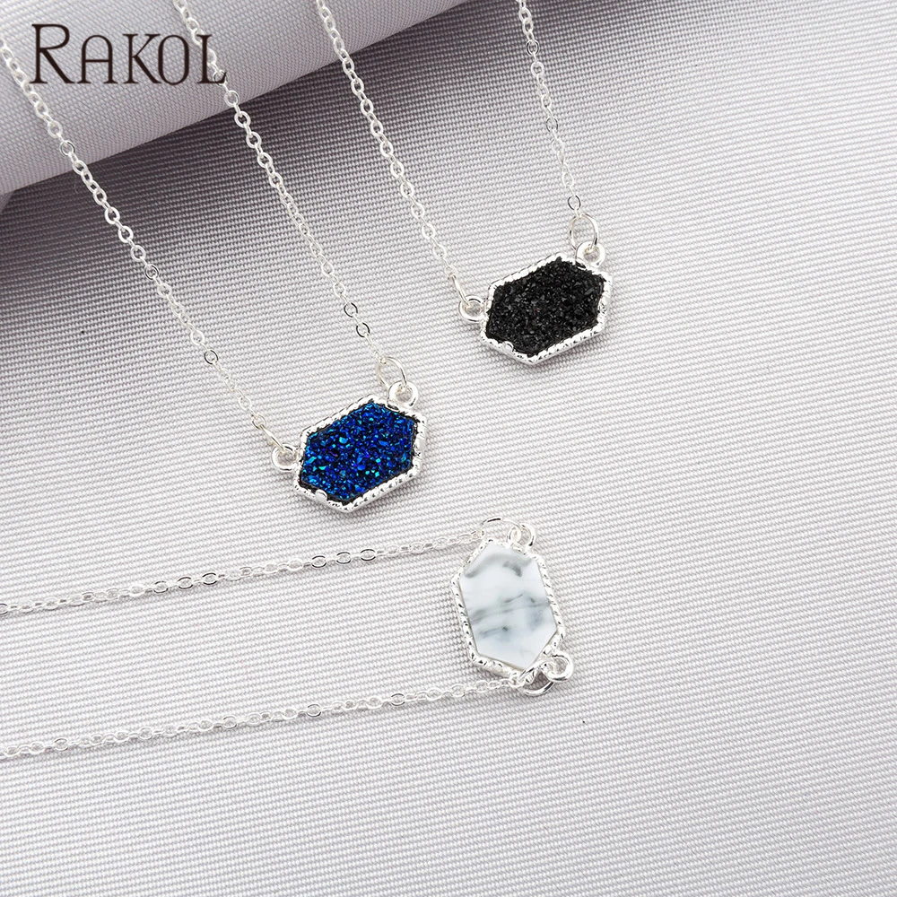 RAKOL NN036 Women Natural Stone Jewellery Pendant Necklace Druzy Crystal Gold/Silver Plated Bar Pendant Jewelry