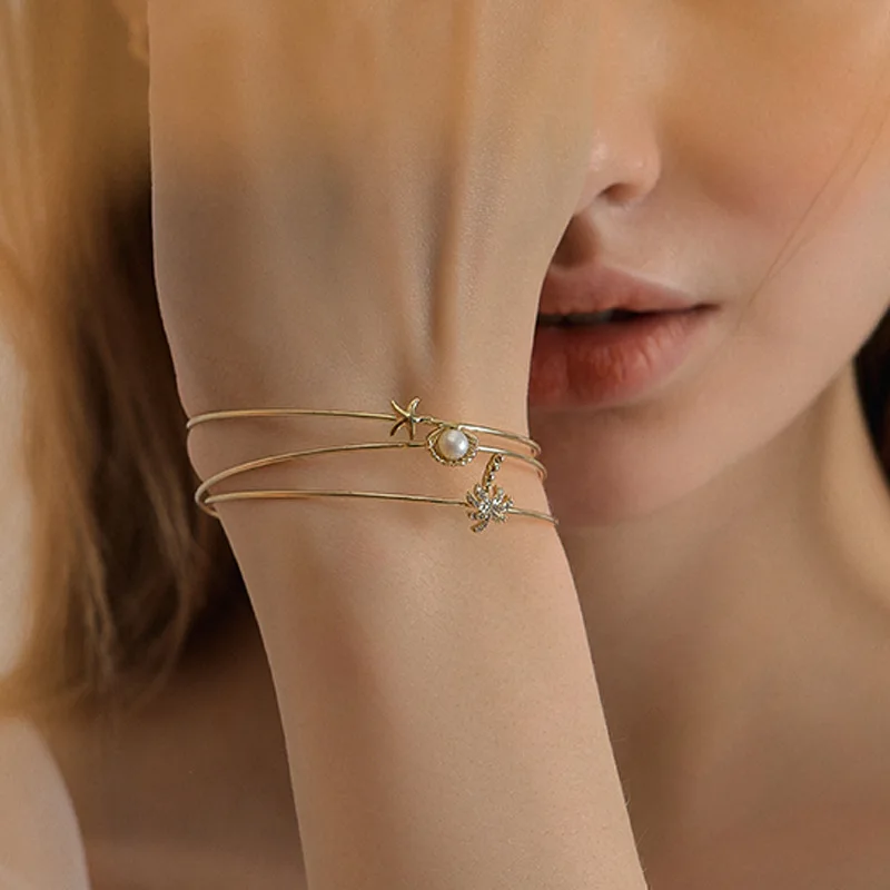 YK Cheap Price Open Bangle Marine Style Coconut Tree Shell Starfish Bracelet