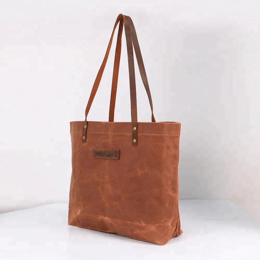 CHANGRONG Custom personalized large waxed canvas tote bags With Leather handle
