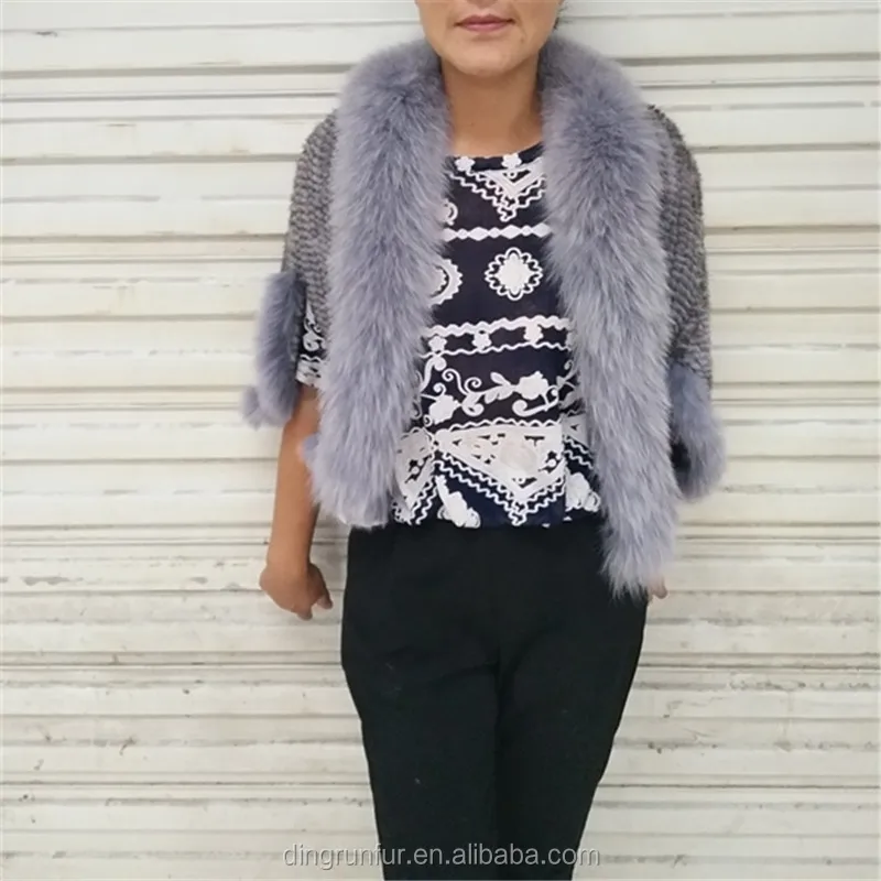 
Women real fur Cape Knitted Mink Fur poncho with fox fur trim 
