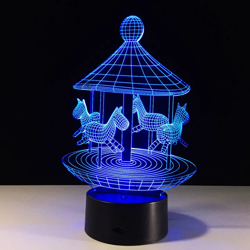 New Creative 3D Happy Holidays Cartoon Playground Carousel illusion 7 Colors Gradient LED Night Light Child Kids Xmas Toys Gifts