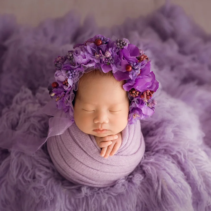 Granden bonnet Knit baby hat Photo props Newborn baby Gril hat Purple bonnet Vintage Flower bonnet cap