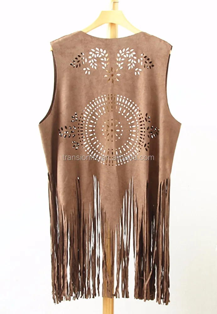 
women fashion laser engraving fake suede vest with fringes at bottom 