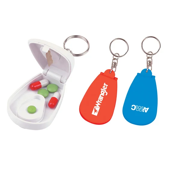 plastic mini pill box keychain with cutter with customized logo