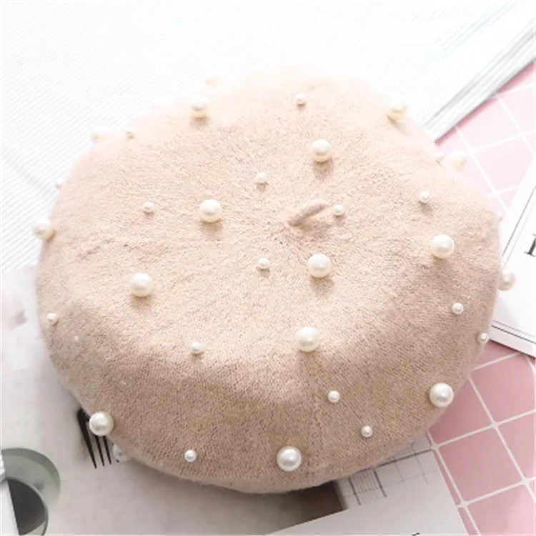Wholesale 2019 Autumn/Winter New Cashmere Luxury Heavy Craft Pearl Rivets Wool Berets