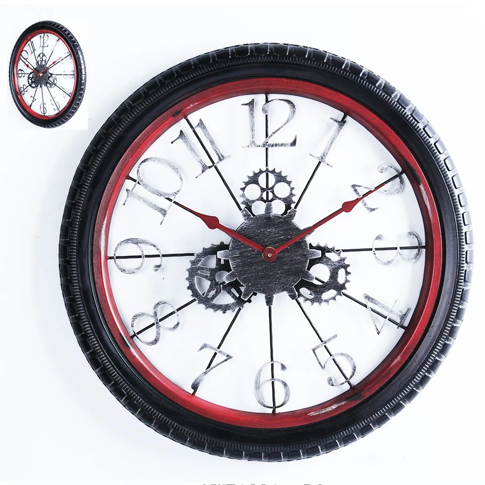 Retro Tire Gear Wrought Iron Mechanical Wall Clock for Decorate