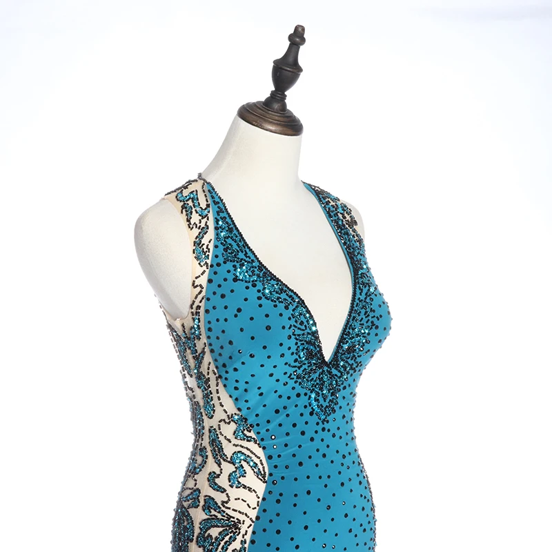 Elegant beaded blue ceremony apparel open back long mermaid evening dress