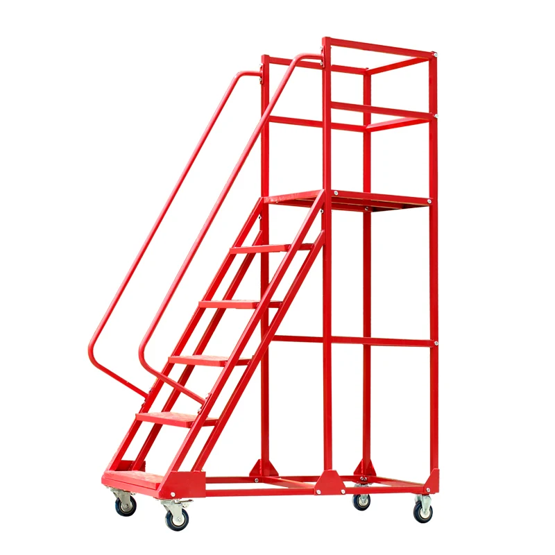 Warehouse Steel Safety Rolling Mobile Platform Ladder with Handrails