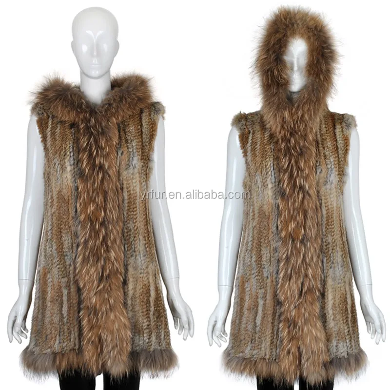
YR628 Super Quality Women Hooded Genuine Raccoon and Rabbit Fur Vest  (60140033241)
