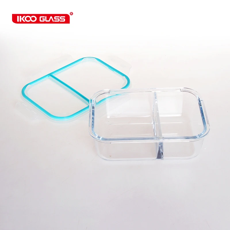 IKOO microwavable bento lunch box 2 compartments glass food storage containers with PP lids