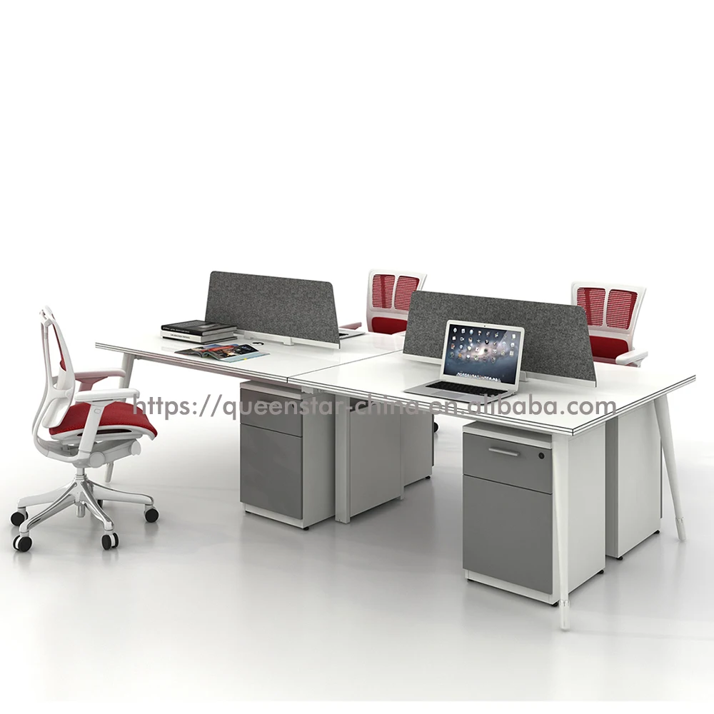 QS-OW-COM01 2 person office workstation open office cubicle with 4 legs with divider screen
