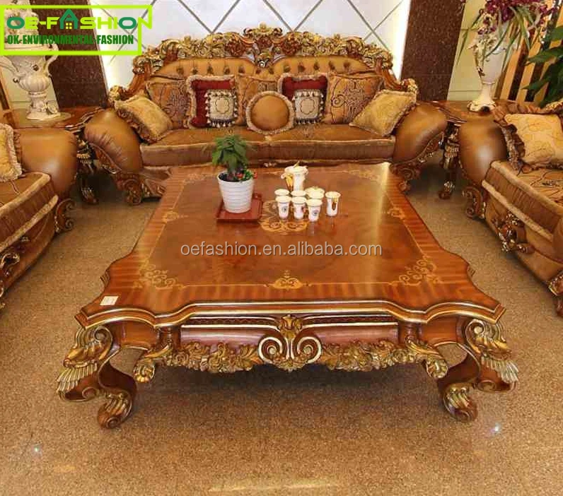 OE-FASHION Luxury Design Hand Carved Home Furniture wooden/Brown Leather Sofa