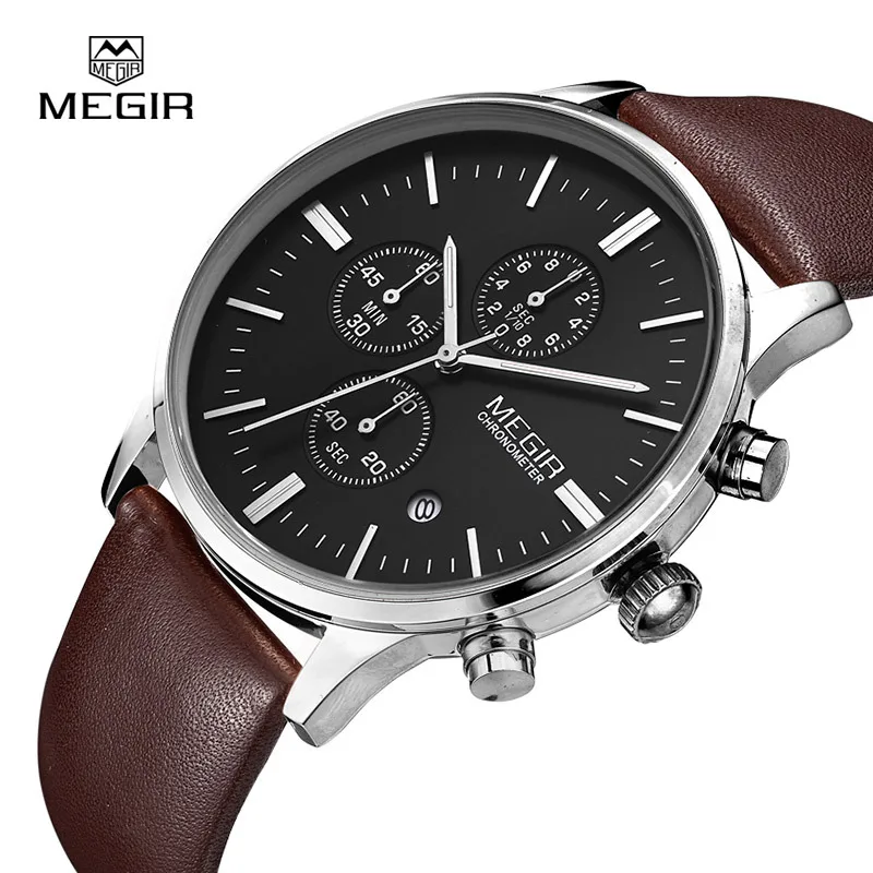 New Male Wrist Watches Business Date Chronograph Hour Clock Genuine Leather Strap Simple Quartz Men Luxury Megir 2011 Watch
