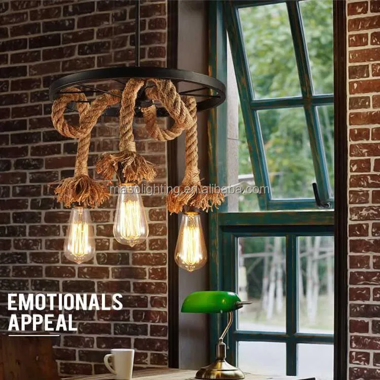 Antique Finish American Farmhouse Retro Hemp Rope Chandelier Pendant Lamp Industrial stylish Decoration Warm Model Project Light