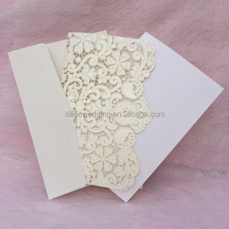 
Classic Ivory Pearl Light paper Emobossing and Laser Cut Lace Wedding Invitation 