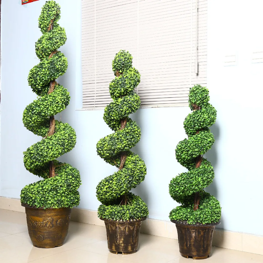 China factory UV resistant Green Plastic Artificial Boxwood  Spiral Potted Topiary Trees