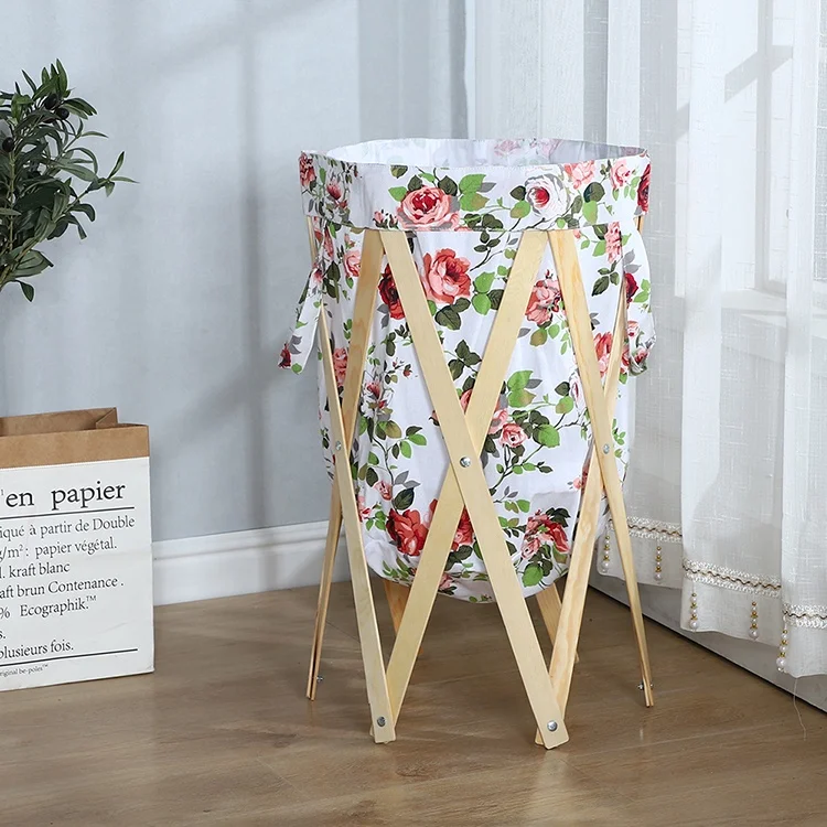 
cotton canvas clothes folding wood frame laundry basket with handle 