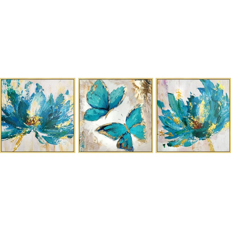 3 Panels Impression Wall Art Decor Blue Butterfly Flower hand painted canvas oil painting for decoration