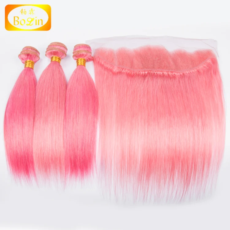 Wholesale Brazilian Cuticle Aligned Hair Bundle With Frontal Pink Color 9A Grade Brazilian Human Hair