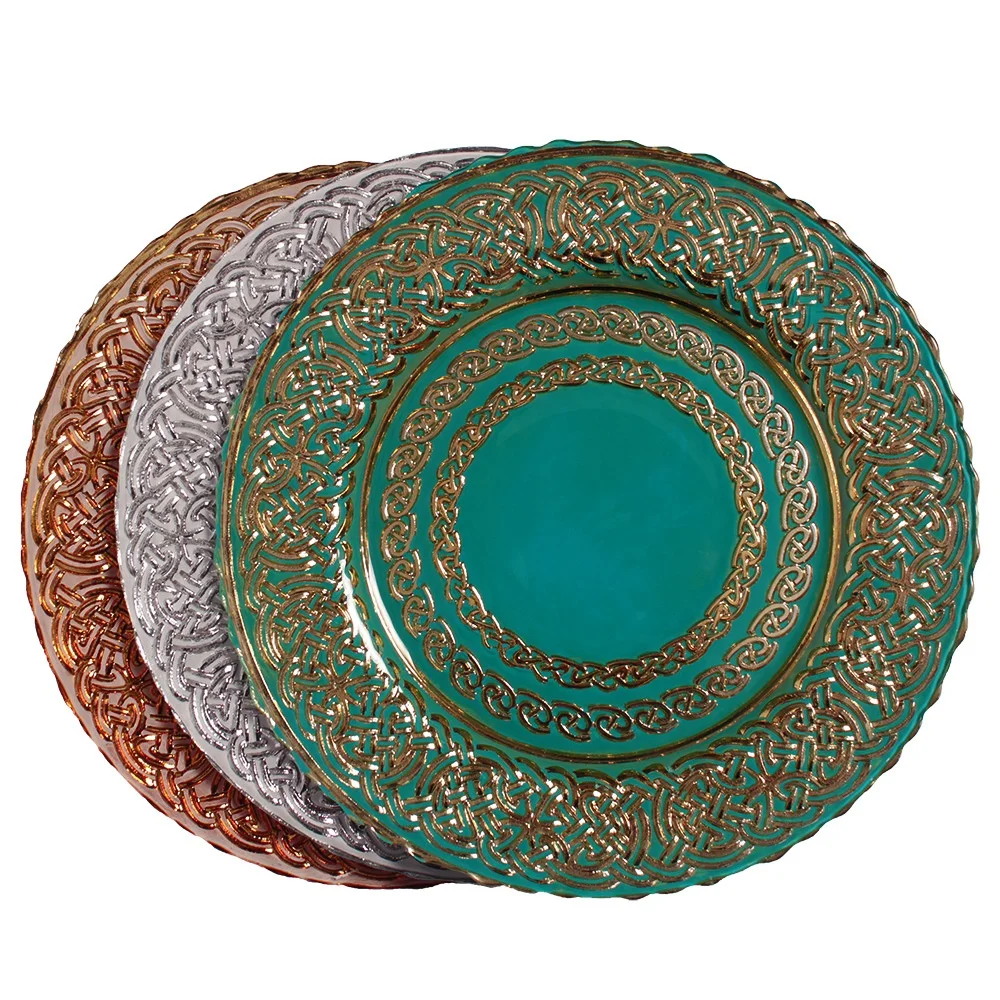European wedding coloured glass charger plates  round white and gold  plastic glass charger plates