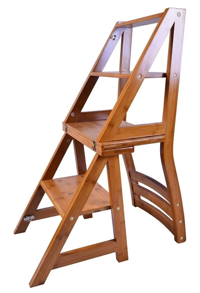 
Bamboo Folding Display Shelf/Transforming Folding Fold Up Step Ladder Chair Kitchen Office Use Natural Bamboo Color 